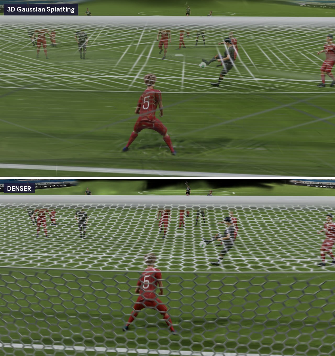 The same view behind the goal rendered by 3D Gaussian Splatting and by DENSER