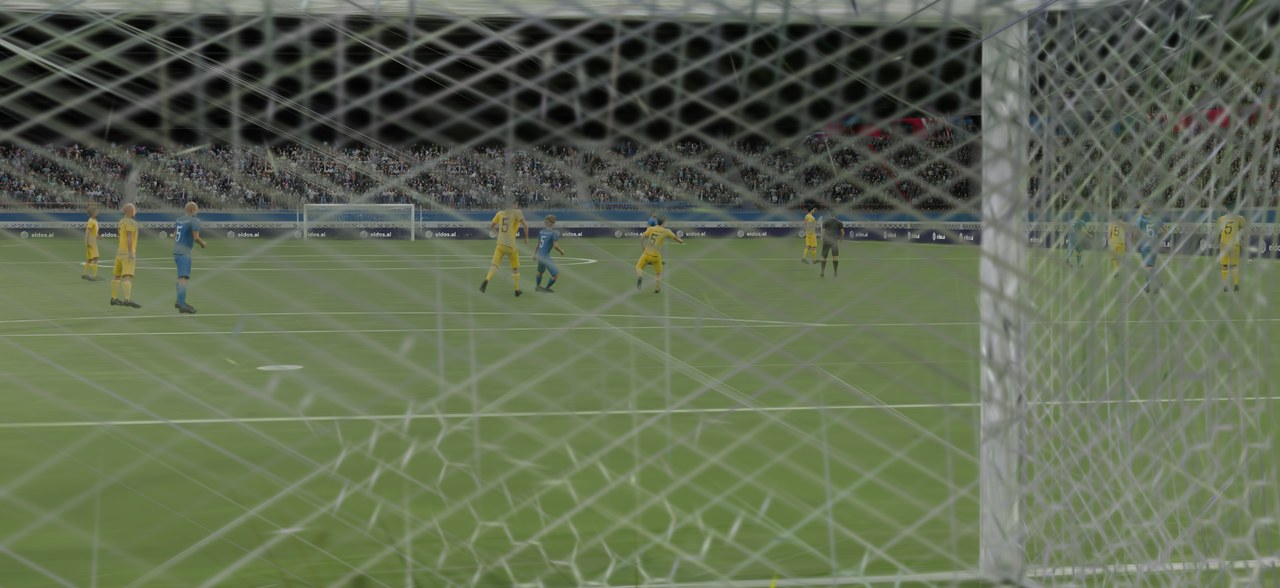 A viewpoint behind the goal where the netting breaks up into streaks